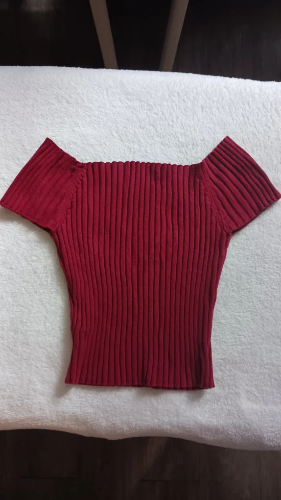 Burgundy Ribbed Off-the-Shoulder Top thumbnail