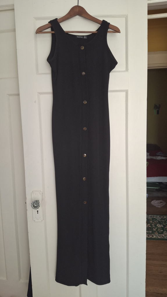 Boohoo Black Ribbed Button-Down Dress, Size 10