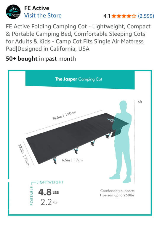 FE Active Folding Camping Cot - Lightweight & Portable - photo 5