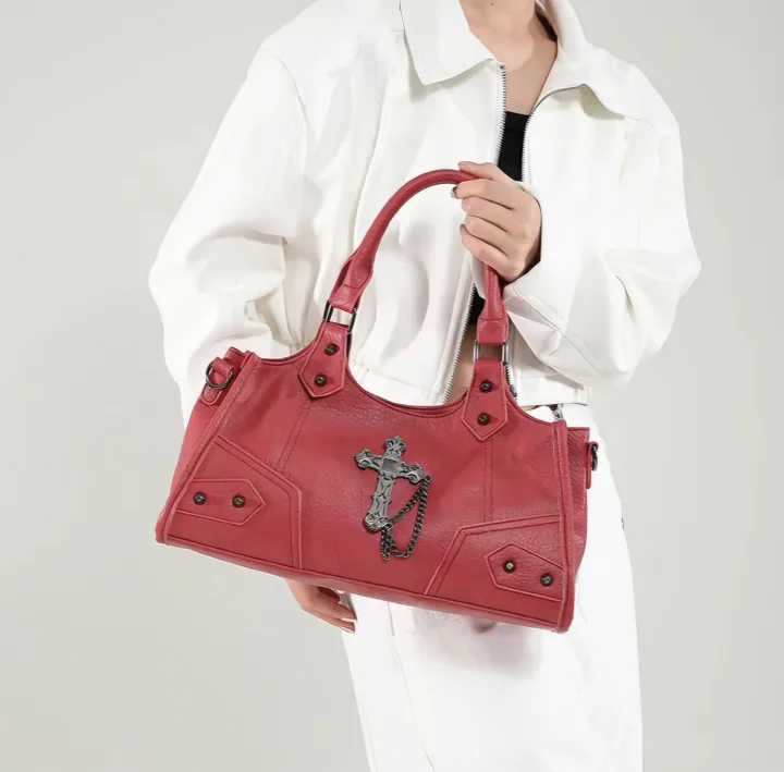 🔥 Grunge Punk Rock Chic Shoulder Bag – Red Hot Rebel Edition 💋👜 thumbnail