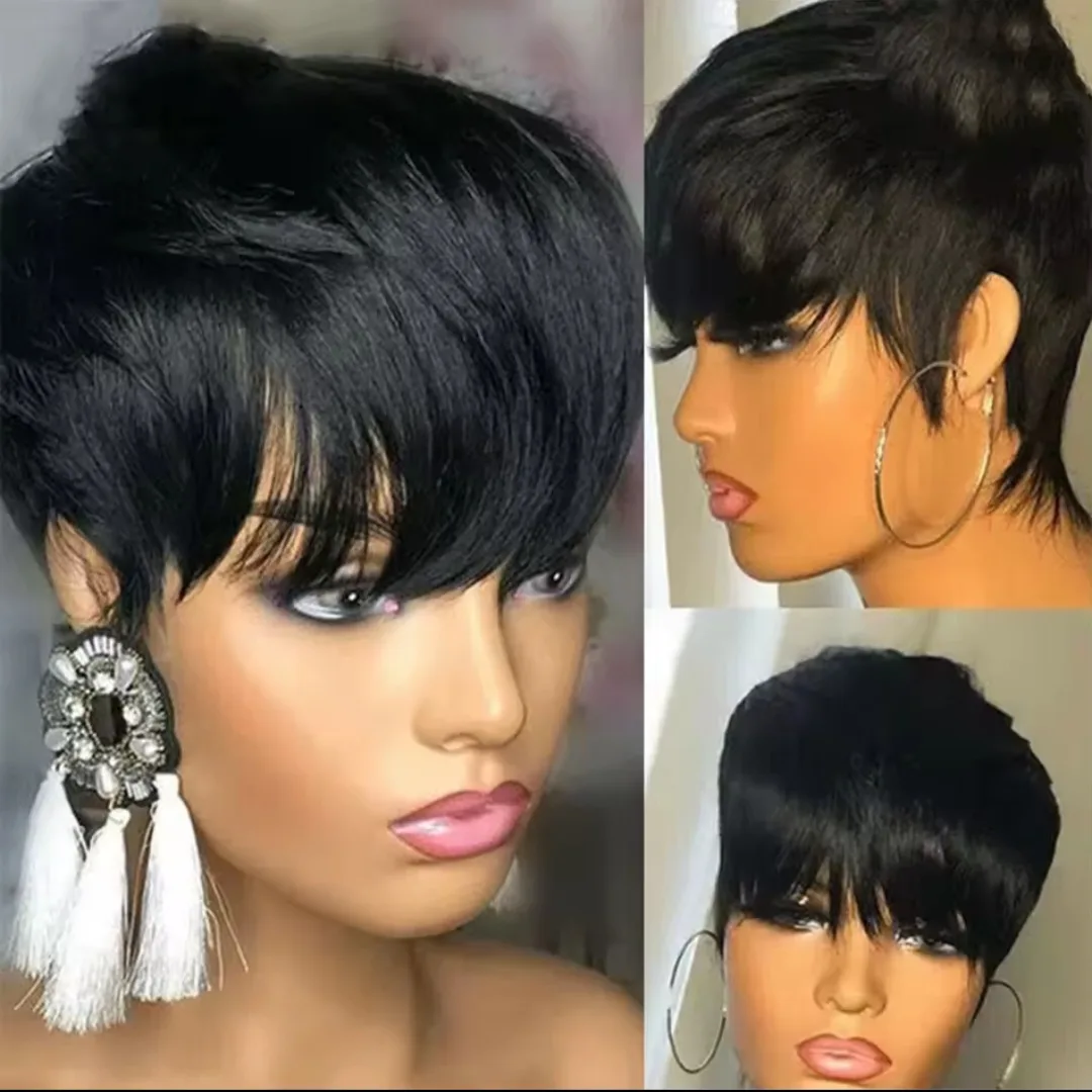 Short Pixie Cut Human Hair Wig Straight with Bangs No Lace image indicator(2)