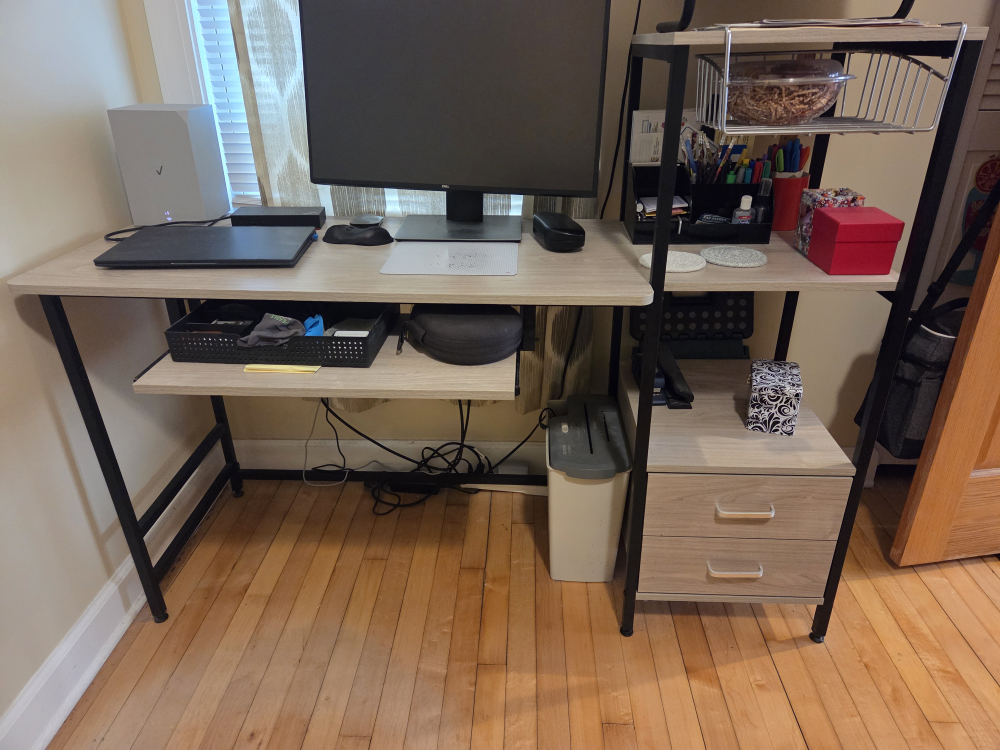 Light Wood & Black Metal Frame Desk with Shelves