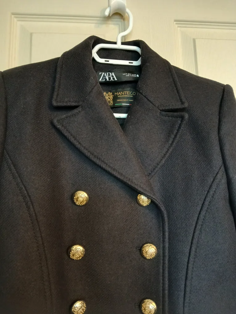 Zara Manteco navy blue button up pea coat, size medium (M) image indicator(6)