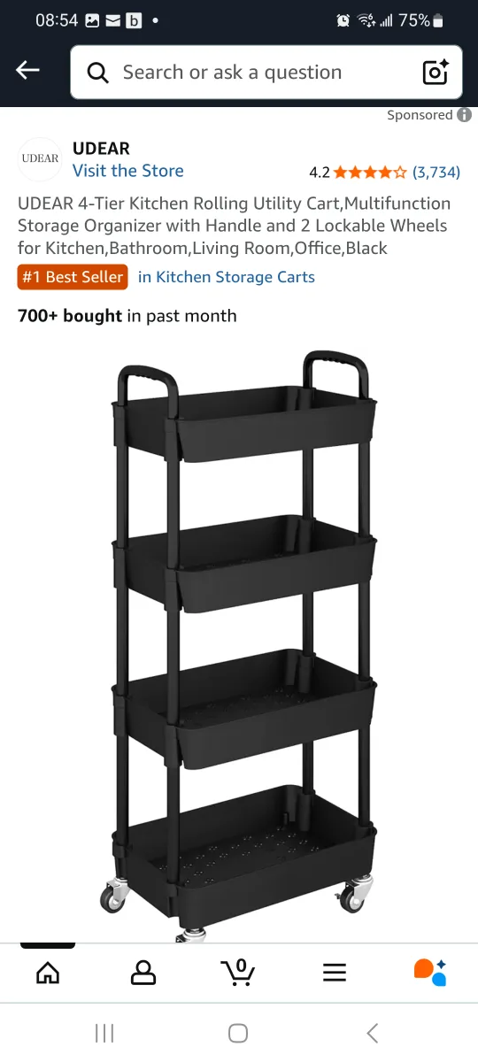 New UDEAR 4-Tier  Rolling Utility Cart - Black thumbnail