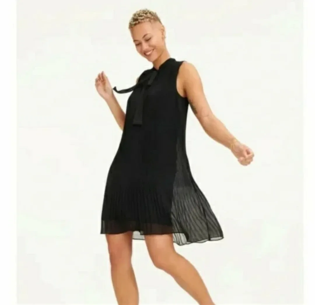 DKNY Black Pleated Tie-Neck Dress - Size 6 thumbnail