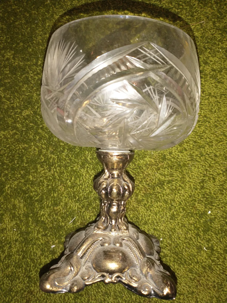Vintage Crystal Bowl with Ornate Metal Stand thumbnail