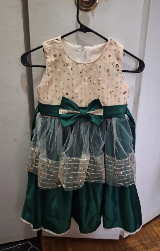 Girl's Dress - Size 130, Green & Beige thumbnail