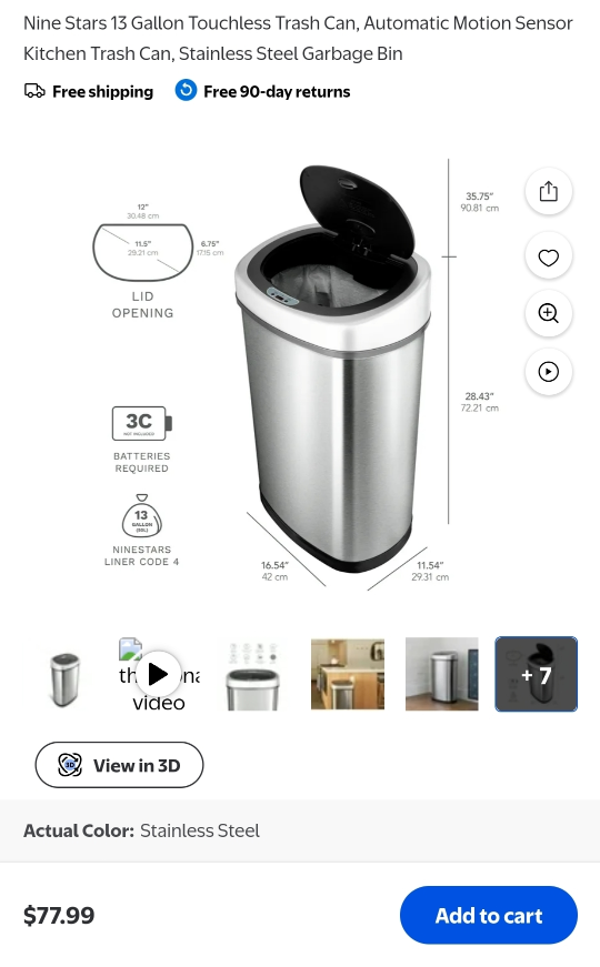 Nine Stars 13 Gallon Metal Touchless Trash Can, Automatic Motion