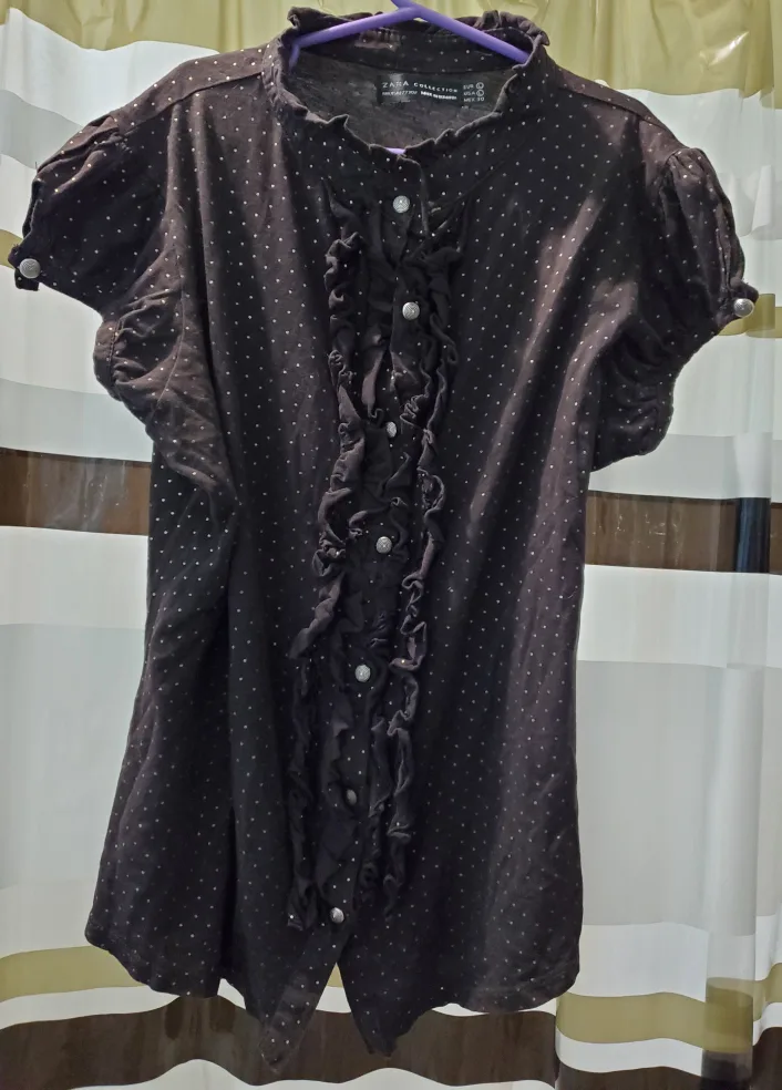Brown polka dot Zara ruffle blouse thumbnail