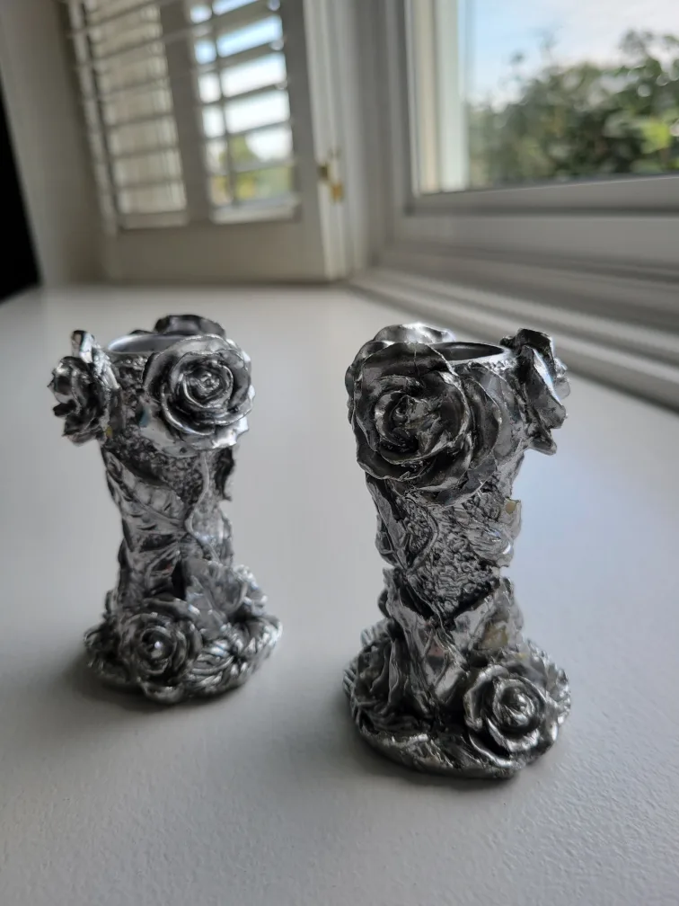 vintage Victorian Pewter Rose Design Candle Holders (Set of 2) thumbnail