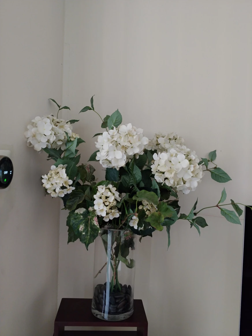 White Hydrangea Arrangement in Glass Vase