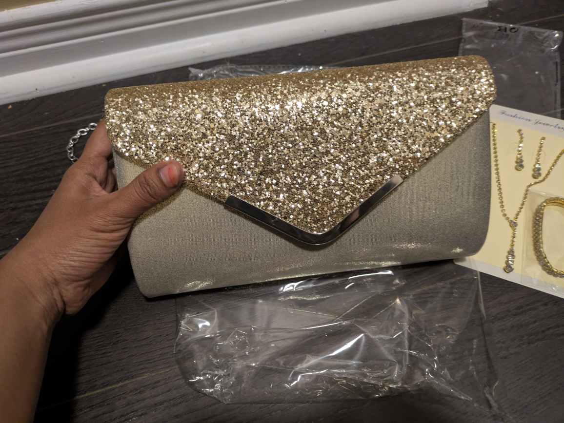 brand new golden glitter evening bag with jewelry combo - photo 3