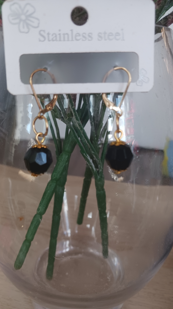Black Bead Dangle Earrings - Stainless Steel