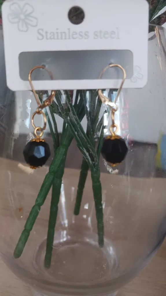 Black Bead Dangle Earrings - Stainless Steel thumbnail