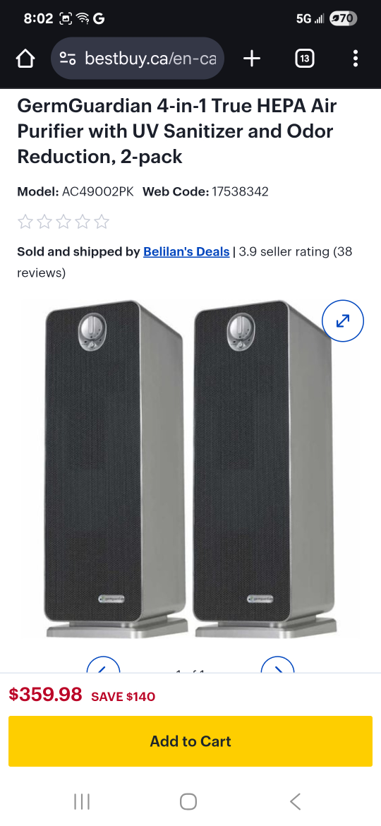 GermGuardian 4-in-1 True HEPA Air Purifier (2-Pack)
