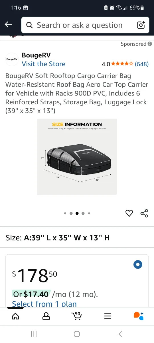 BougeRV Rooftop Cargo Carrier Bag - 39" x 35" x 13" brand new thumbnail