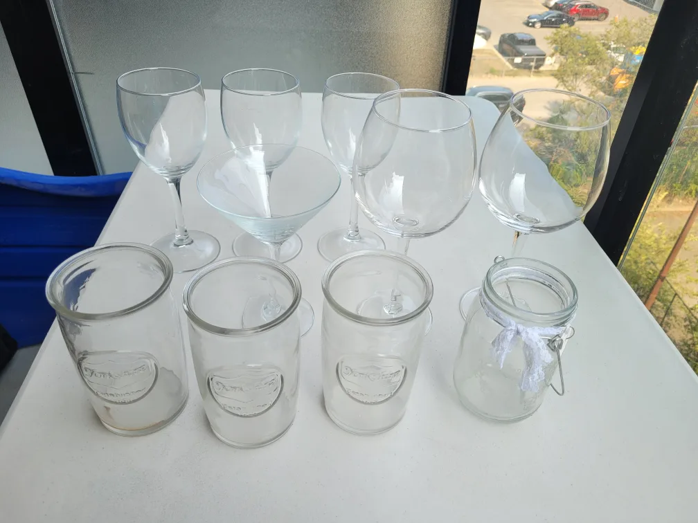 Assorted Glassware - Wine Glasses & Jars