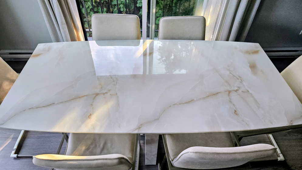 Glossy sintered stone marble look dining table 6 chairs - photo 3