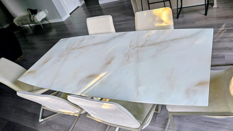 Glossy sintered stone marble look dining table 6 chairs - photo 4