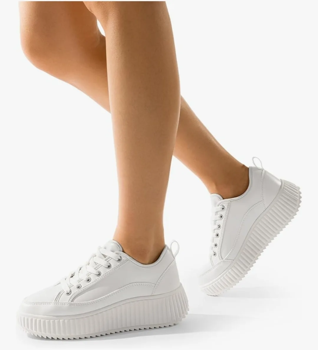 Dream Pairs Women’s Platform Sneakers, White/PU, Size 7, Lace-Up image indicator(10)