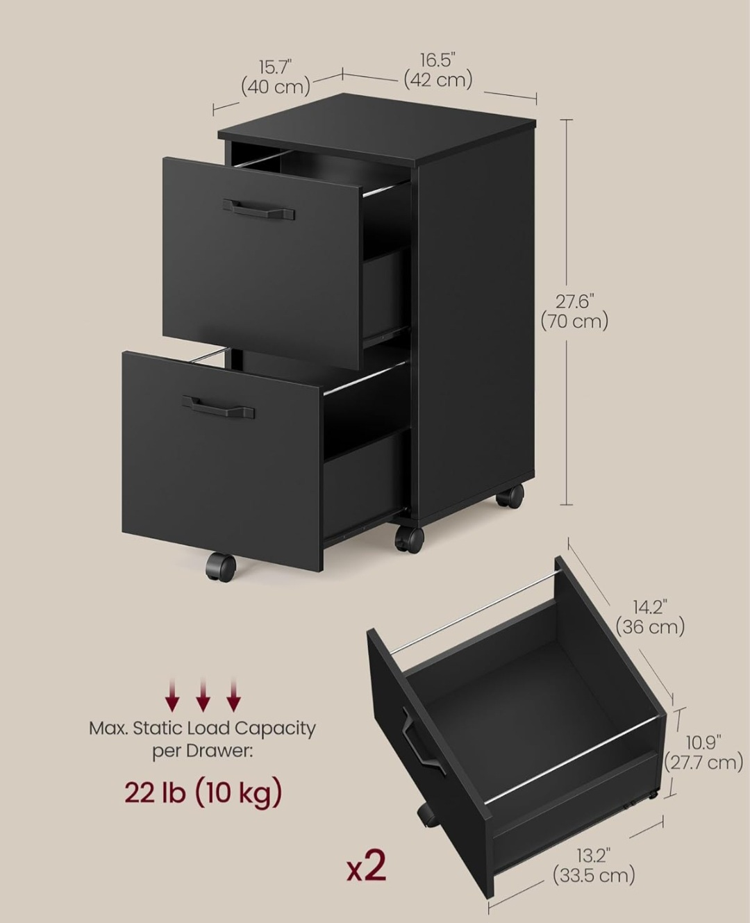 VASAGLE Black 2-Drawer File Cabinet on Wheels - photo 3