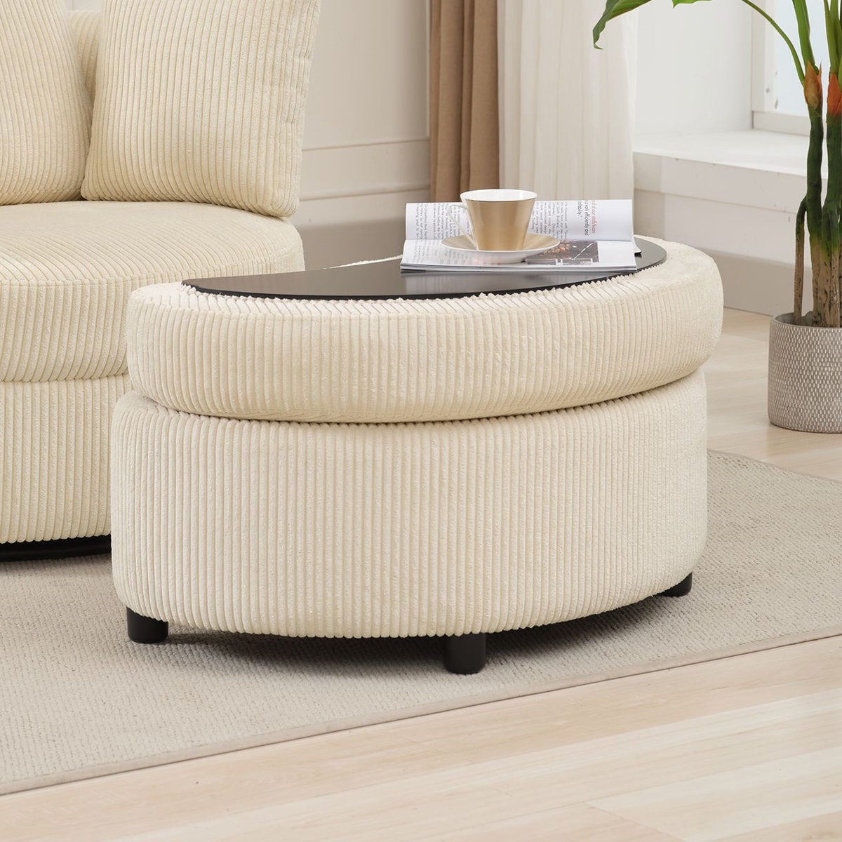 Cream Corduroy Ottoman with Storage - photo 2