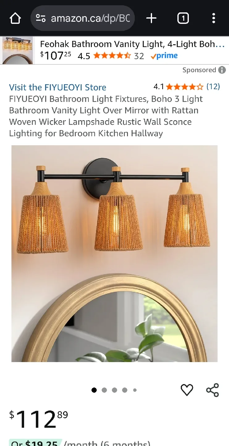 BNIB * FIYUEOYI Boho 3-Light Bathroom Vanity Light thumbnail