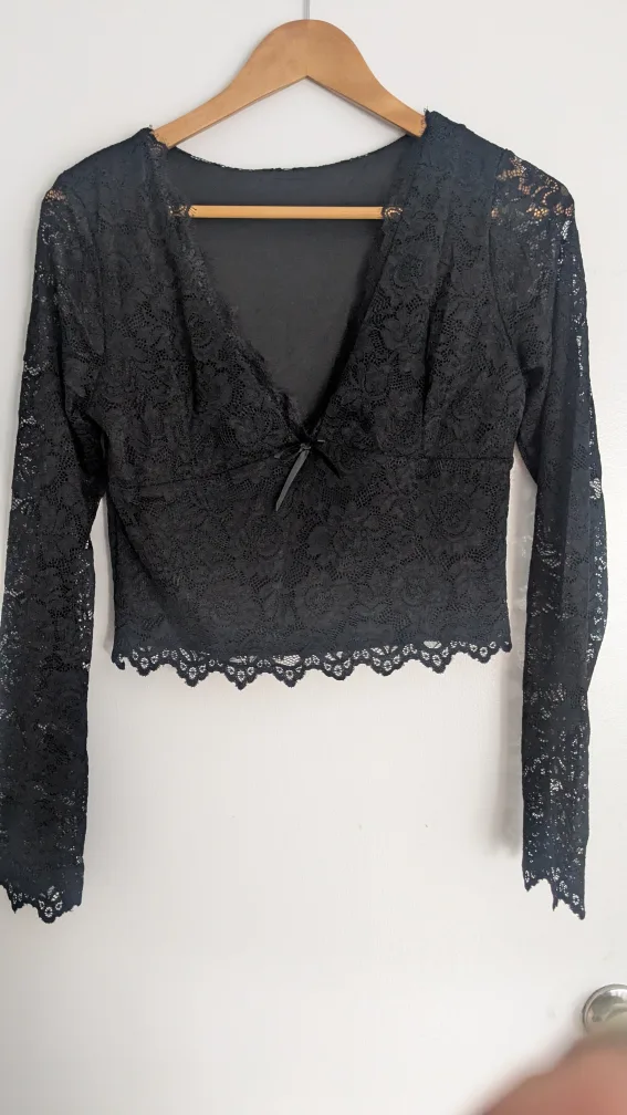 Black Lace Long Sleeve Crop Top thumbnail
