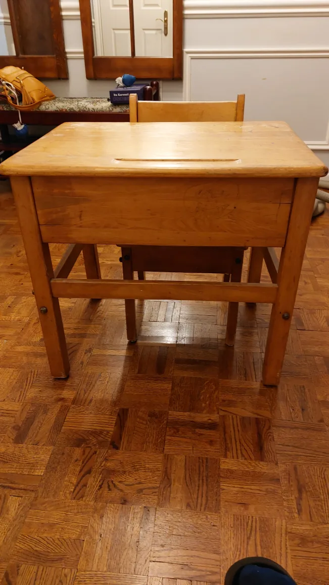 Antique Solid wood school children's desk with chair thumbnail