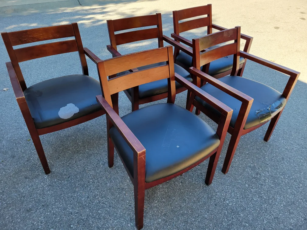 Set of 5 Armchairs - Brown Wood & Black Vinyl thumbnail