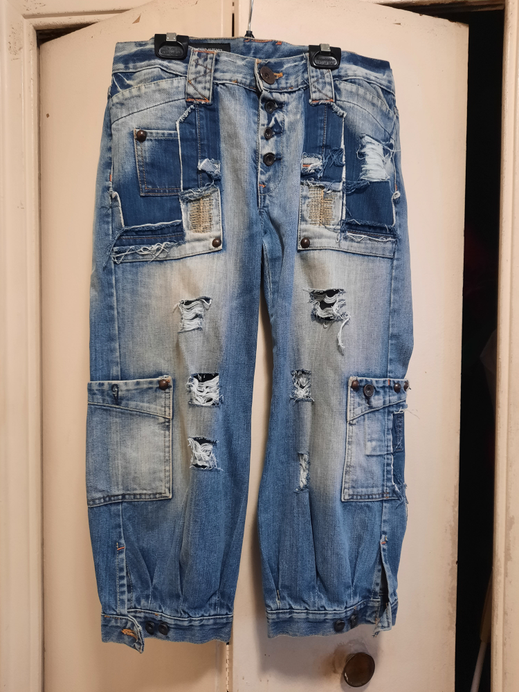 Distressed Denim Patchwork Capris