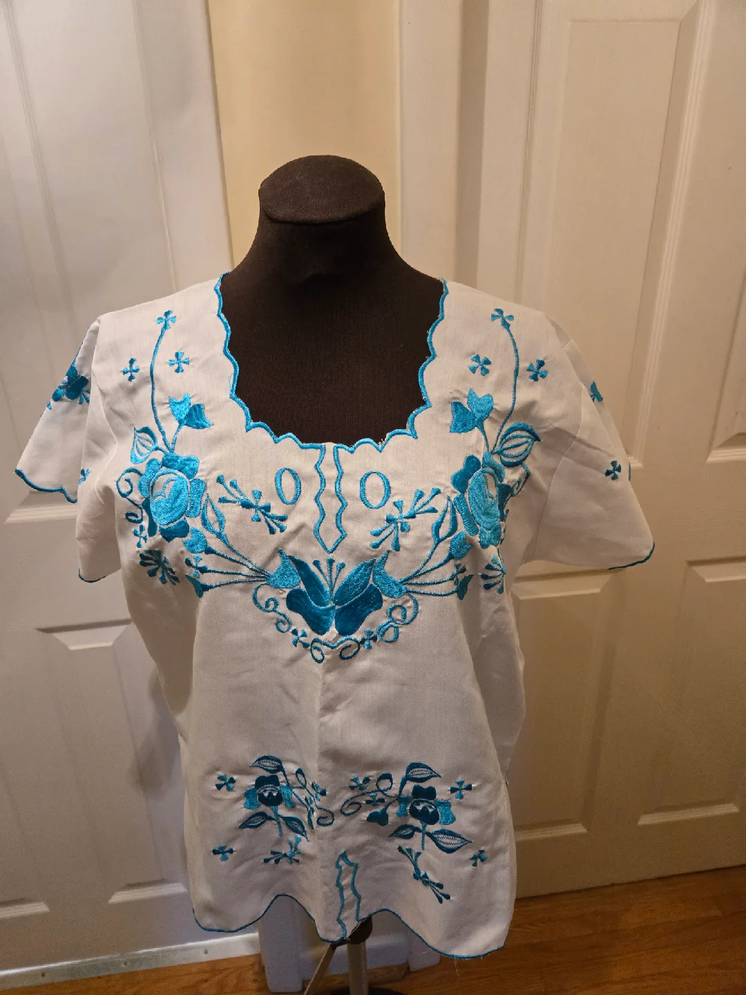 Embroidered Mexican Blouse - White & Blue thumbnail