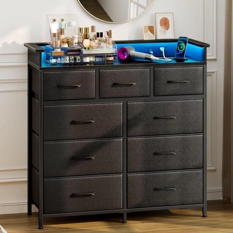 Black Dresser with LED Light, 9 Drawers