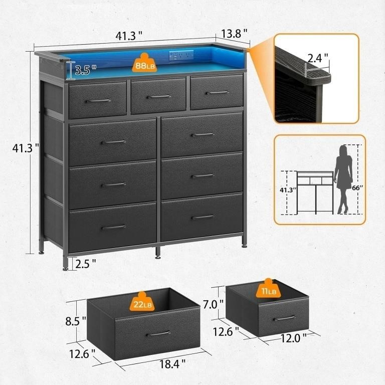 Black Dresser with LED Light, 9 Drawers - photo 2