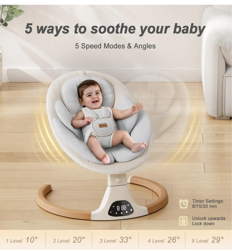 Monamii Baby Swing - Bluetooth, 5 Speed, Light Beige - photo 4