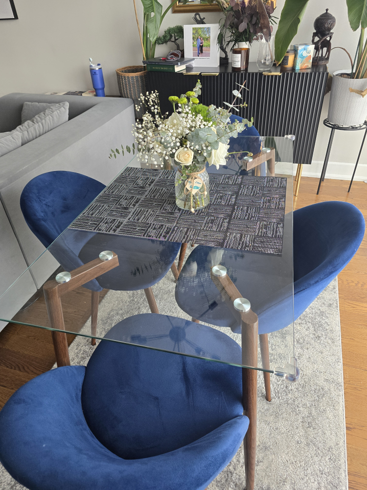 Glass Top Dining Table with 4 Blue Velvet Chairs - photo 2