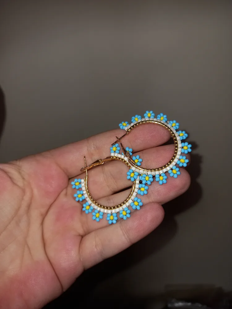 Blue Flower Beaded Hoop Earrings image indicator(4)