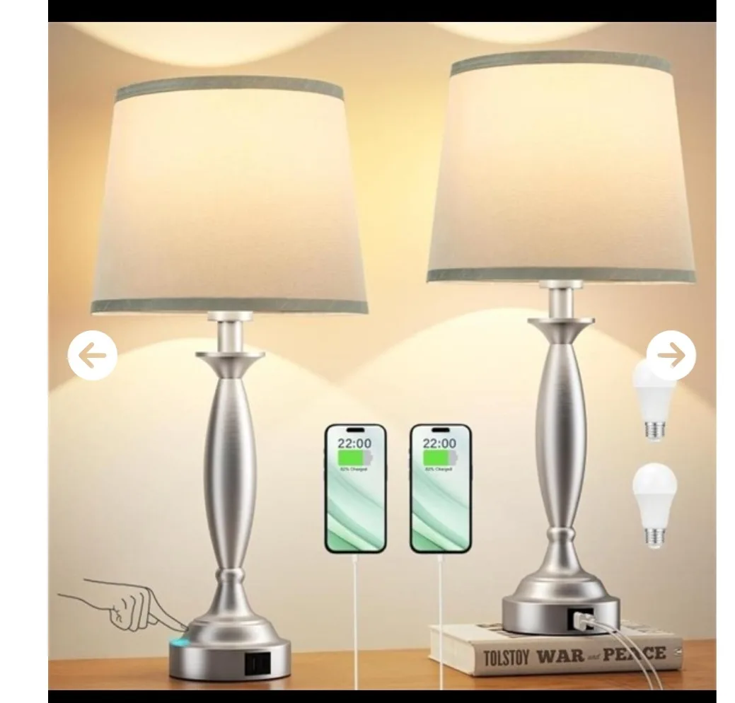 New Touch Lamps Set -Brushed Nickel -Gray Shade -Charging Ports thumbnail