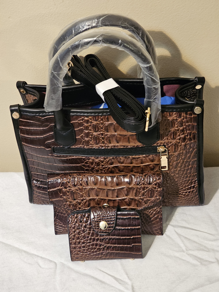 Brown Croc Embossed Handbag Set - New!