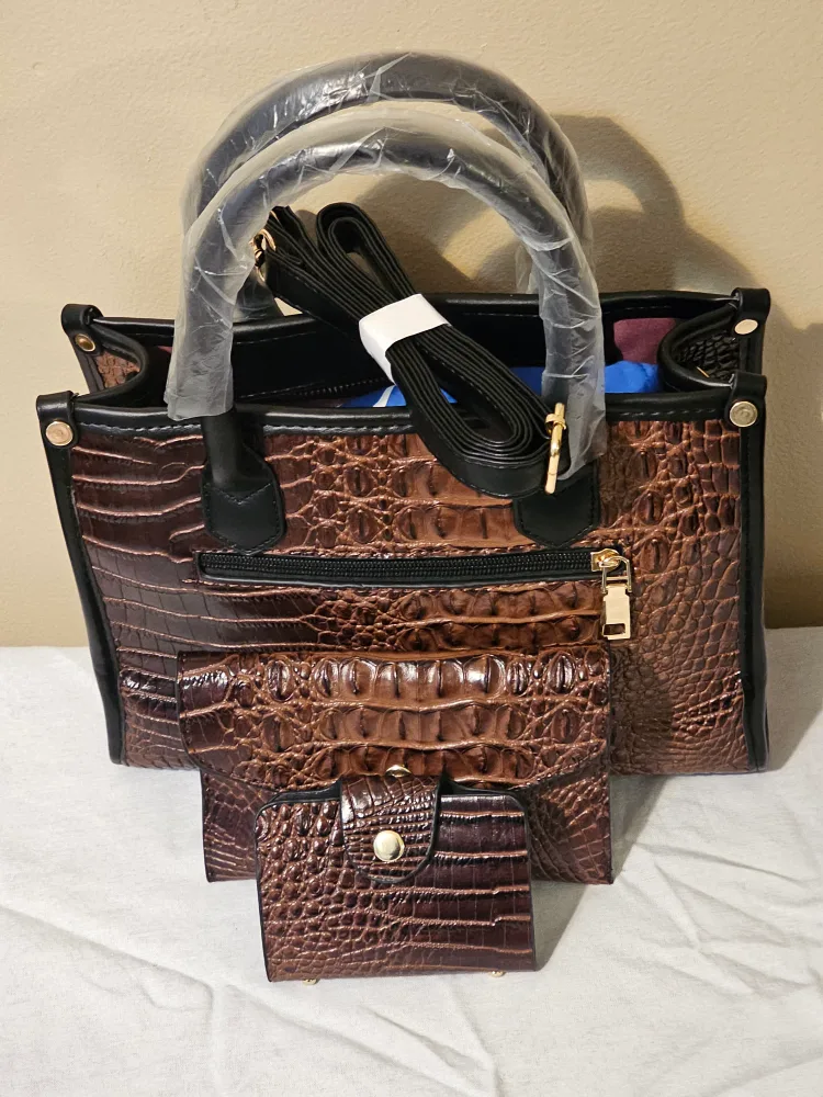 Brown Croc Embossed Handbag Set - New! thumbnail