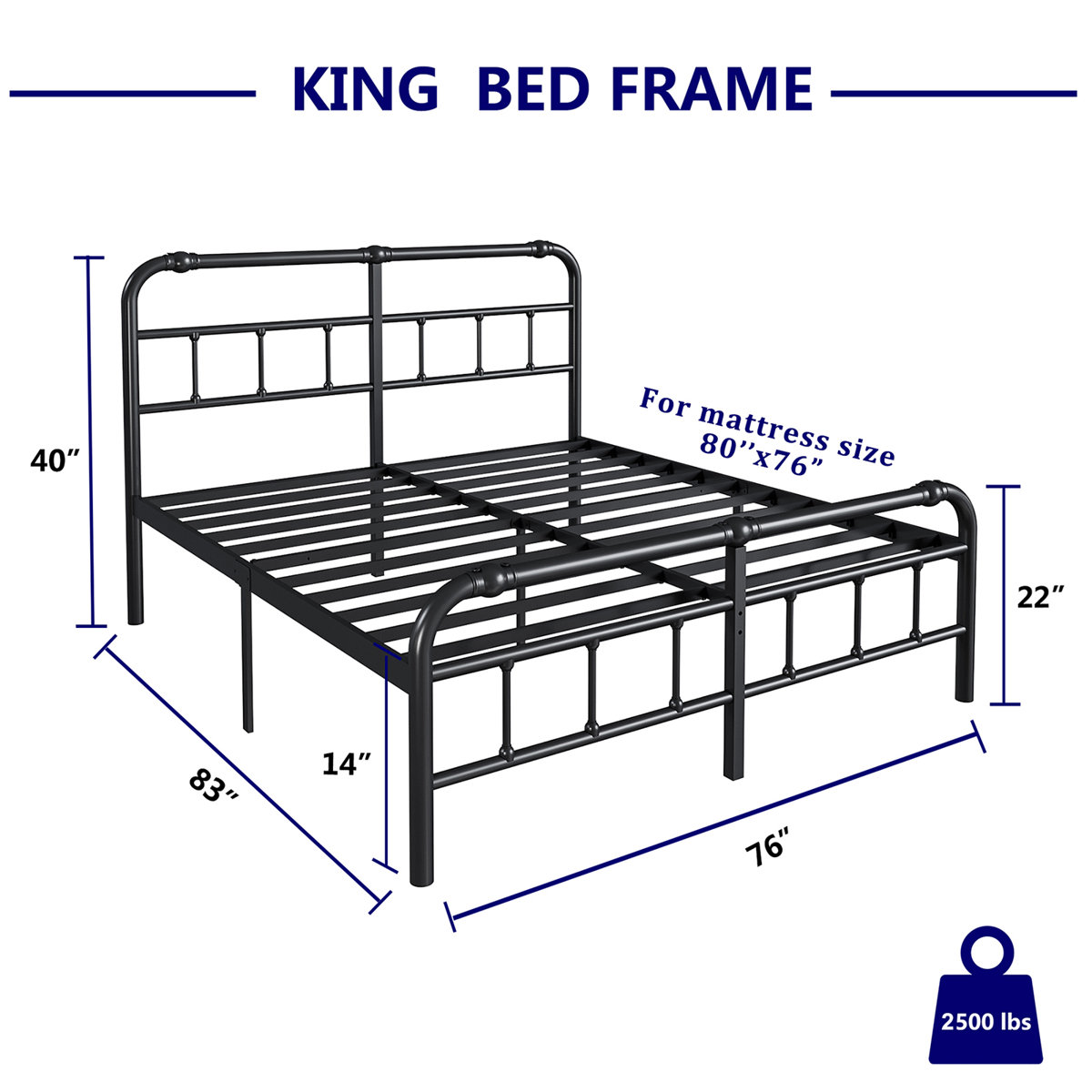 King Size Metal Bed Frame - Black - photo 3