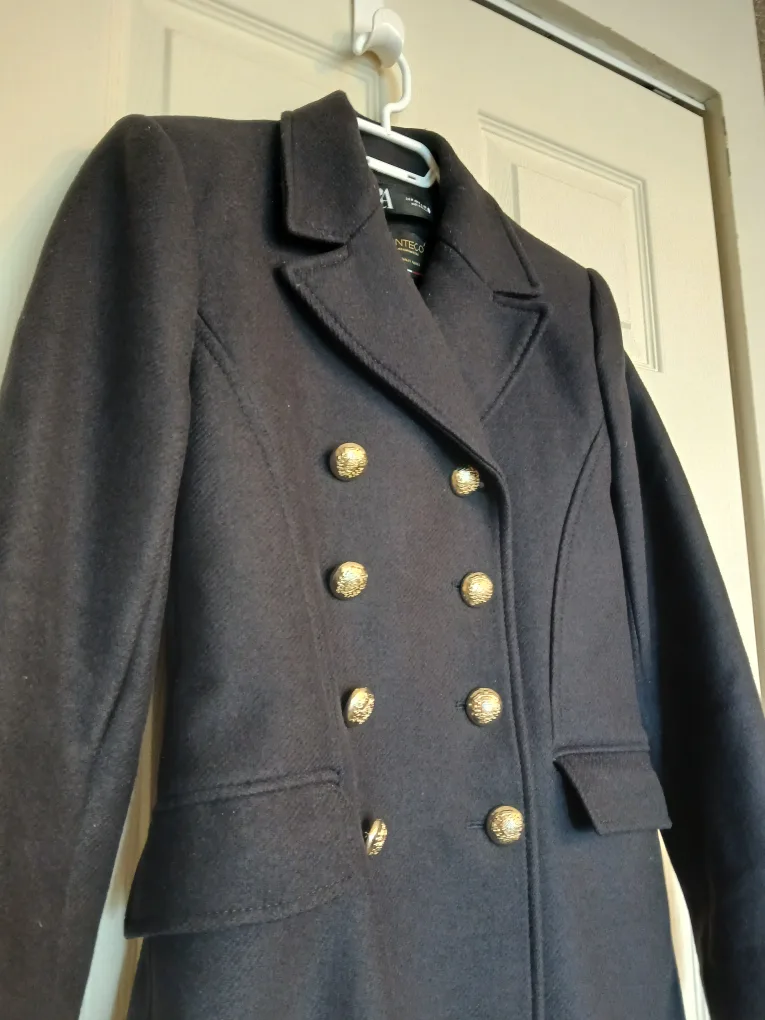 Zara Manteco navy blue button up pea coat, size medium (M) image indicator(2)