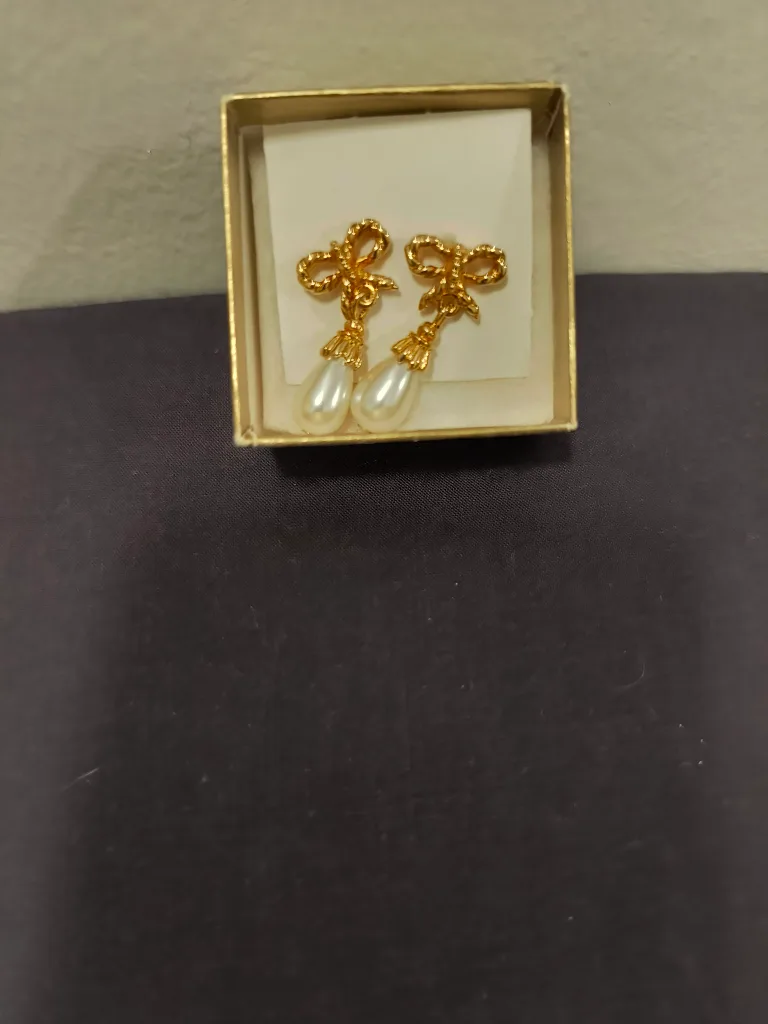 Gold Tone Bow & Faux Pearl Drop Earrings thumbnail