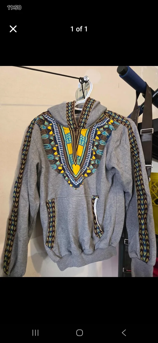 Grey Hoodie with African Print Detail thumbnail