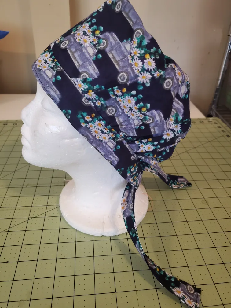 Handmade Scrub Cap - Truck & Daisy Pattern Adult Sz thumbnail