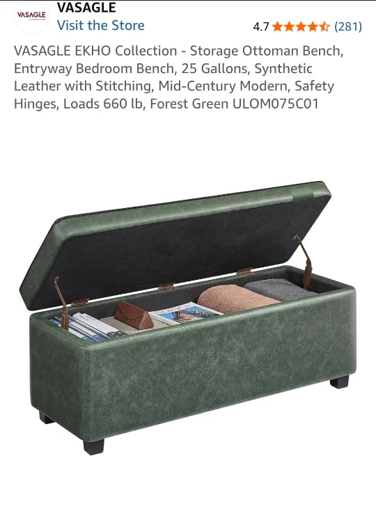 *NEW IN BOX*  Vasagle Storage Ottoman Bench - Forest Green