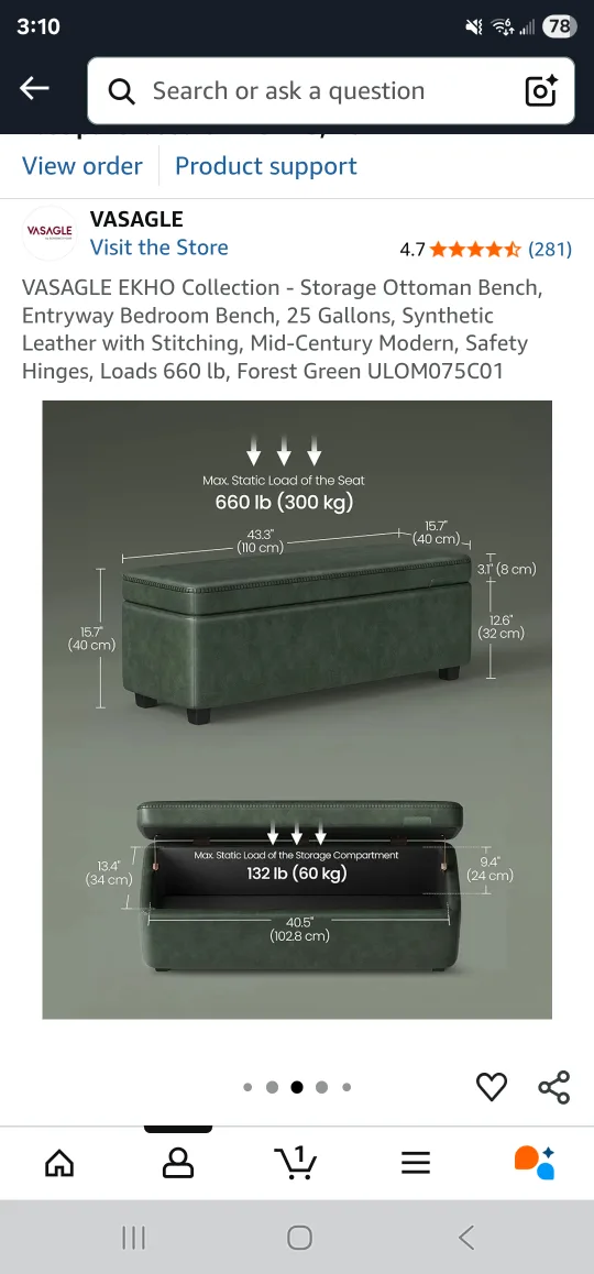 *NEW IN BOX*  Vasagle Storage Ottoman Bench - Forest Green image indicator(3)