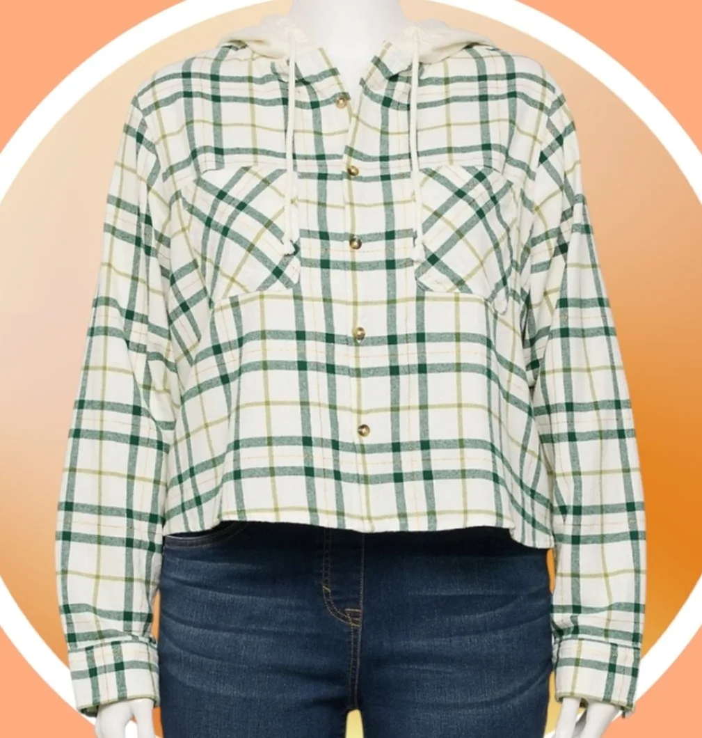 🧡 NWT 1X Cropped Plaid Button Up Hoodie w Pockets & High Low Hem image indicator(5)