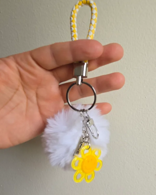 Smiley Daisy White PomPom Wristlet Keychain Bag Clip Charm thumbnail
