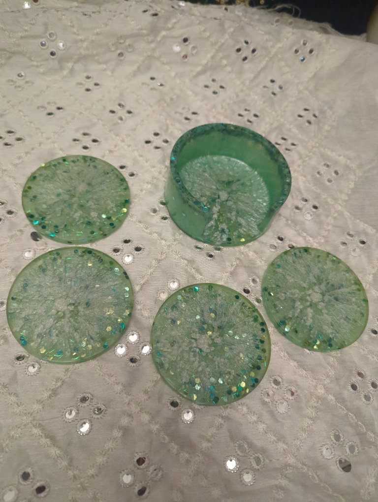 Handmade Resin Coaster Set - Green Glitter